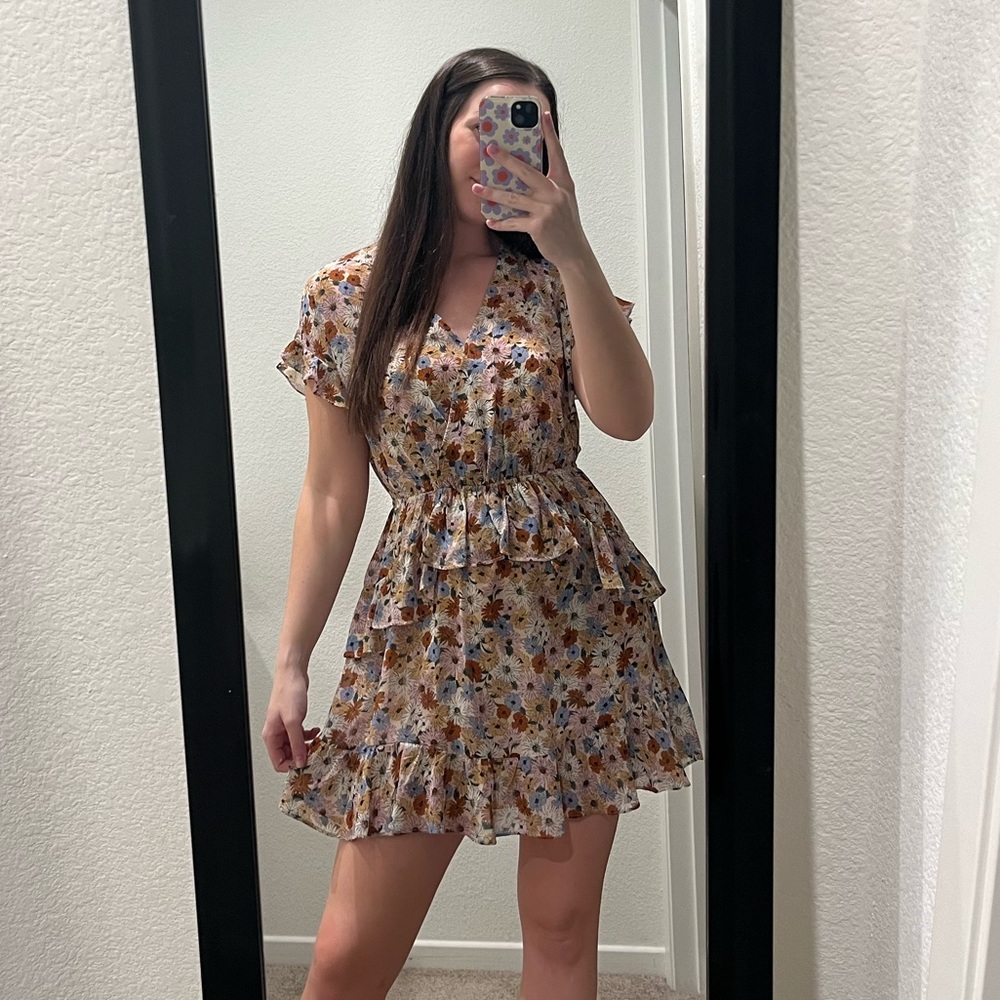 ASTR Floral Ruffle Mini Dress Short Sleeves Cottagecore